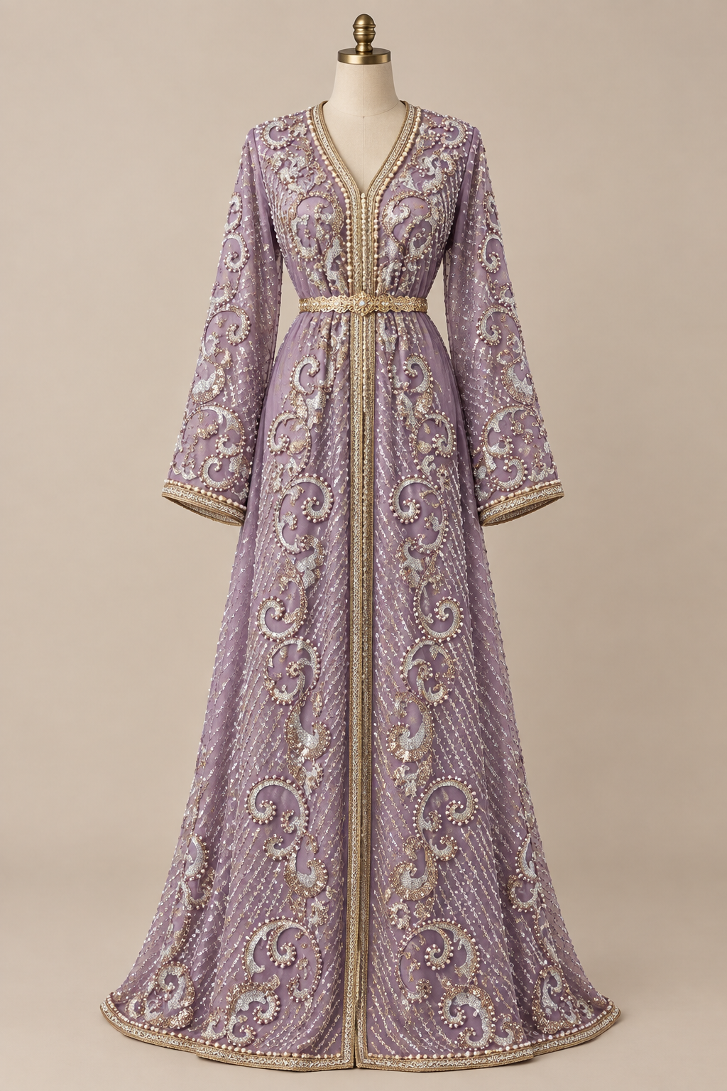 Caftan en tissu Elie Saab Mauve perlé sur mannequin