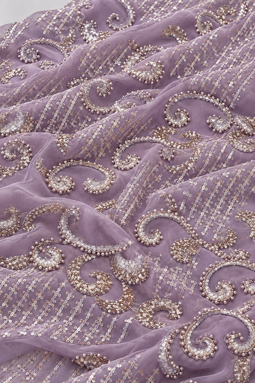 Tissu brodé Elie Saab Mauve perlé, drapé